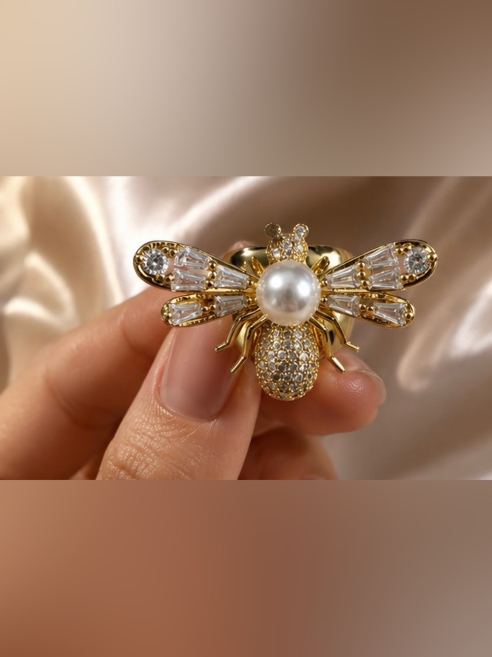 Crystal Bee Pearl Statement Ring Gold Tone Adjustable Cocktail Ring